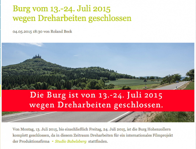 Hinweis auf der Burg Hohenzollern-Homepage / Bild: Screenshot